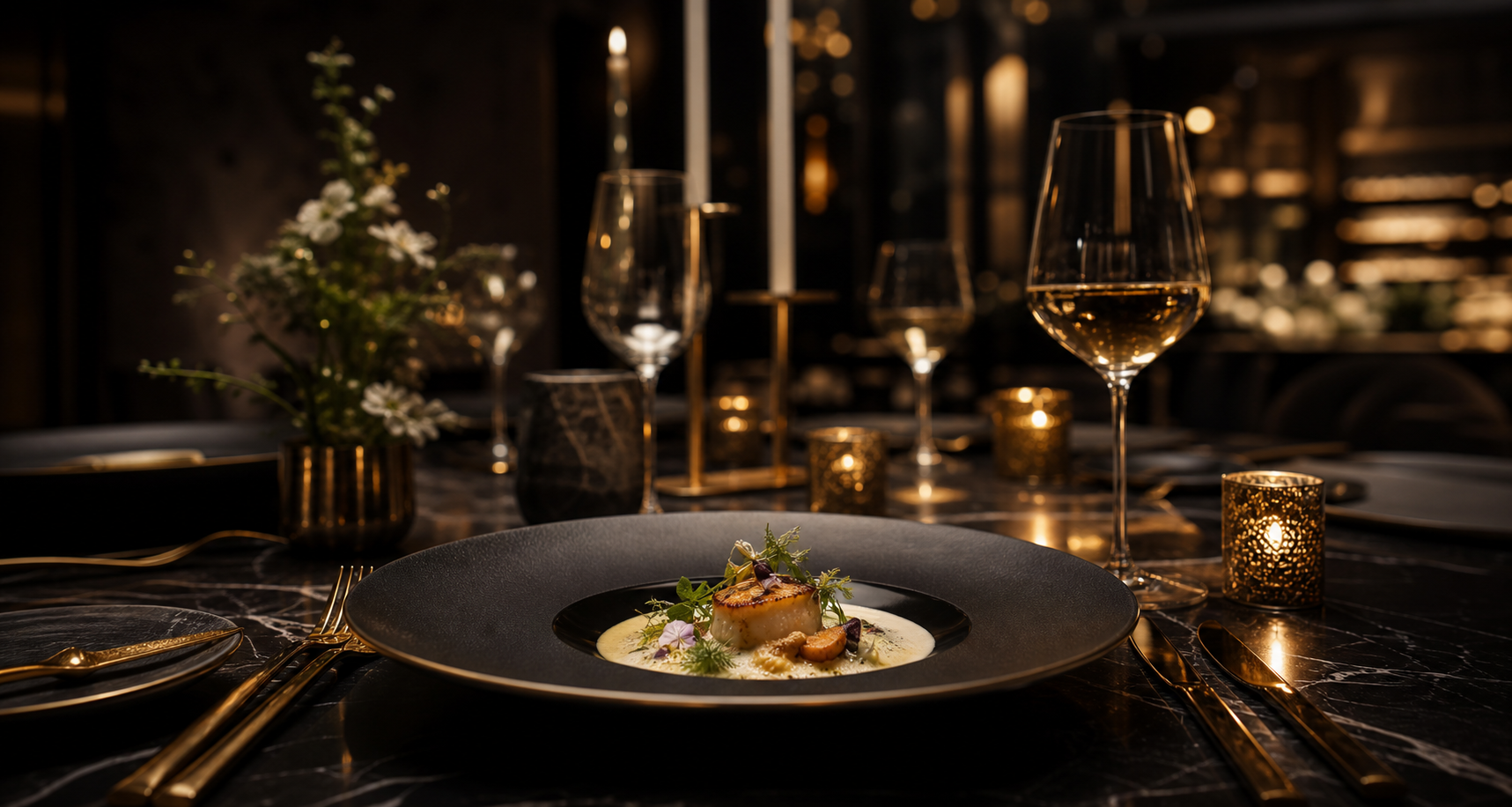 Luxury fine dining table with a plated dish and candlelight